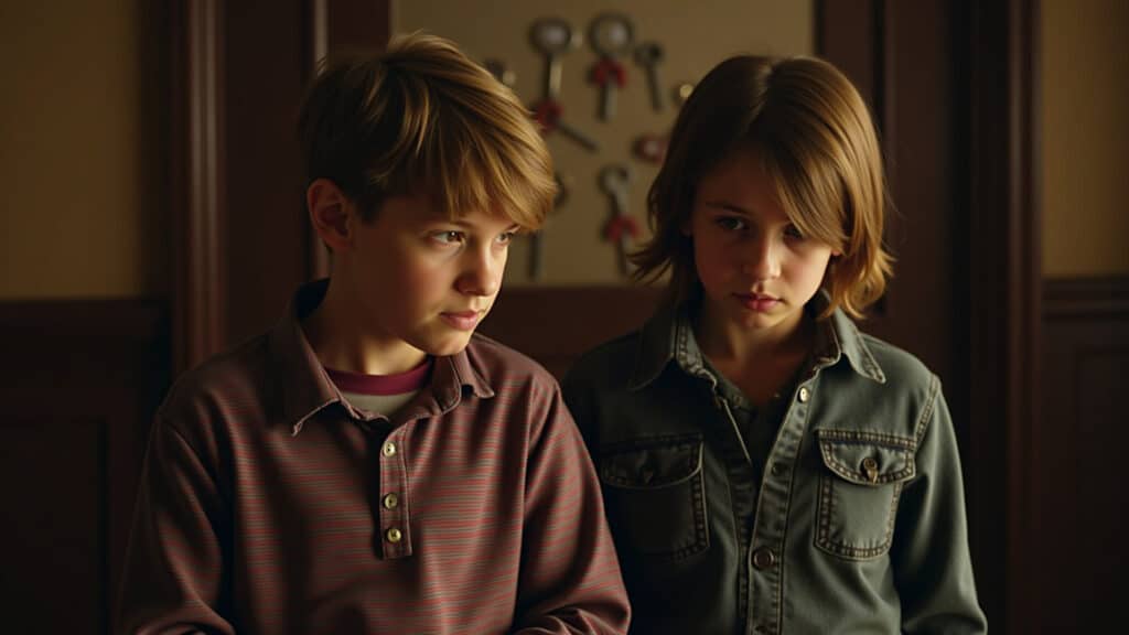 Irmãos Locke explorando mansão com chaves mágicas em Locke & Key.