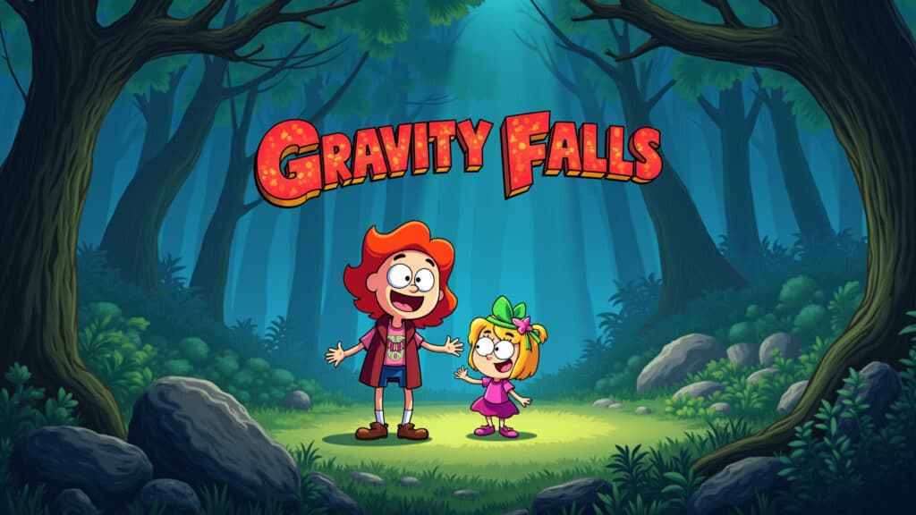 Dipper e Mabel Pines explorando floresta misteriosa em Gravity Falls.