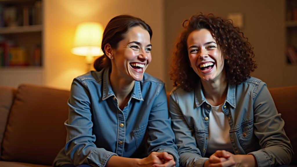 Amigos rindo juntos assistindo série em sala aconchegante.