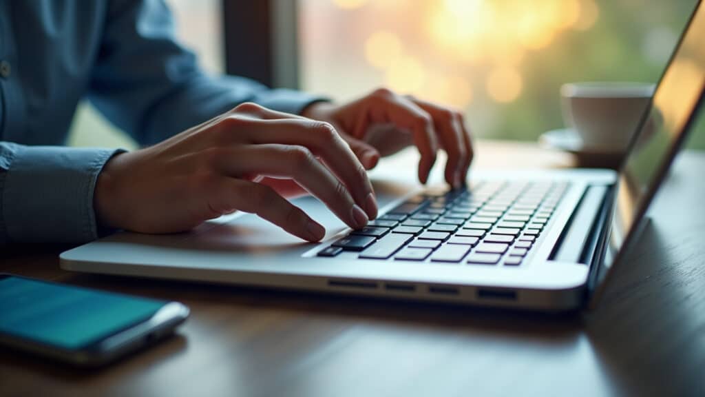 Mãos digitando dados bancários para evitar erros na restituição do IR.