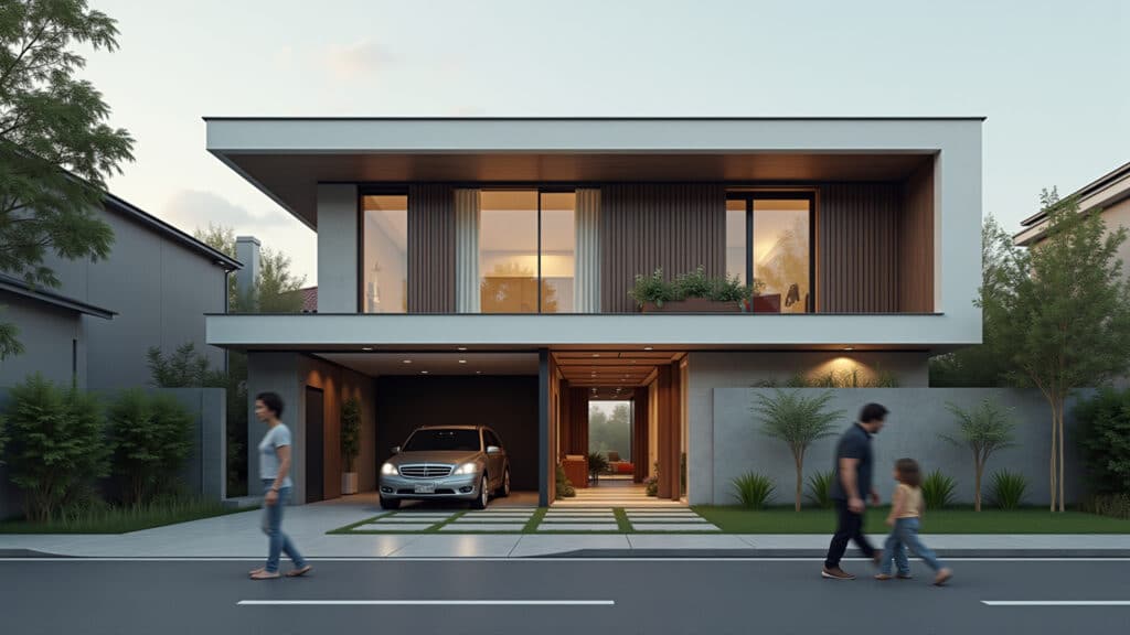 Família pobre olhando para casa rica em Parasita.