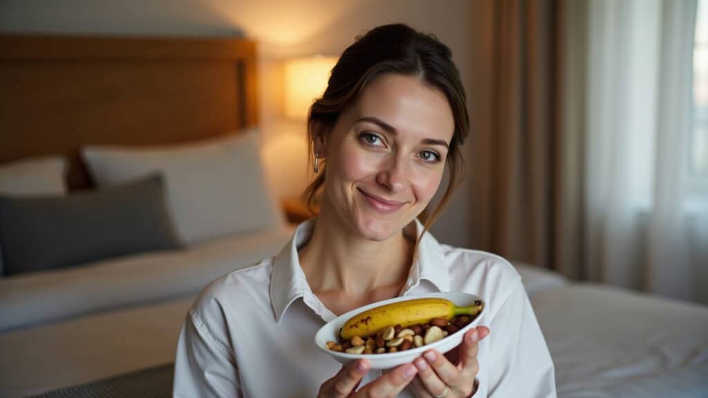 A woman enjoying a light evening meal of banana and nuts before bed. Soft, warm lighting. Focus on Ceia leve com banana e castanhas.