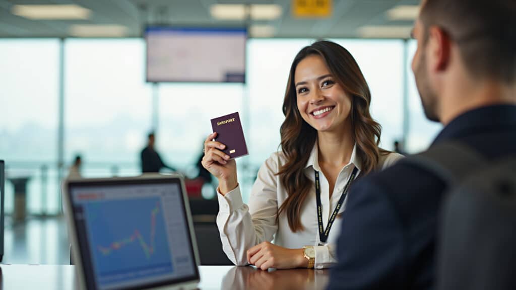 Mulher no balcão de check-in do aeroporto, mostrando passaporte.