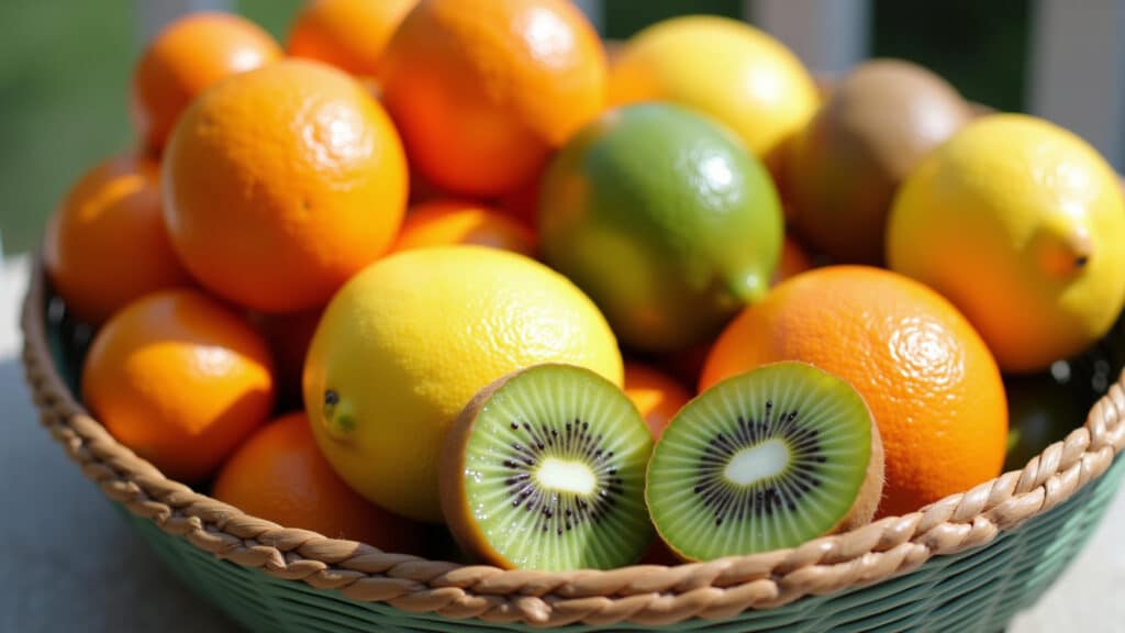 Frutas cítricas variadas, ricas em vitamina C para prevenir gripes.