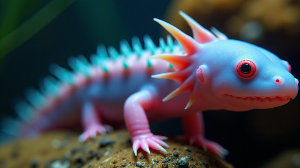 Axolotl regenerating spinal cord, 8K, vibrant colors, natural lighting, hyper-realistic, close-up, Axolote regenerando medula espinhal.