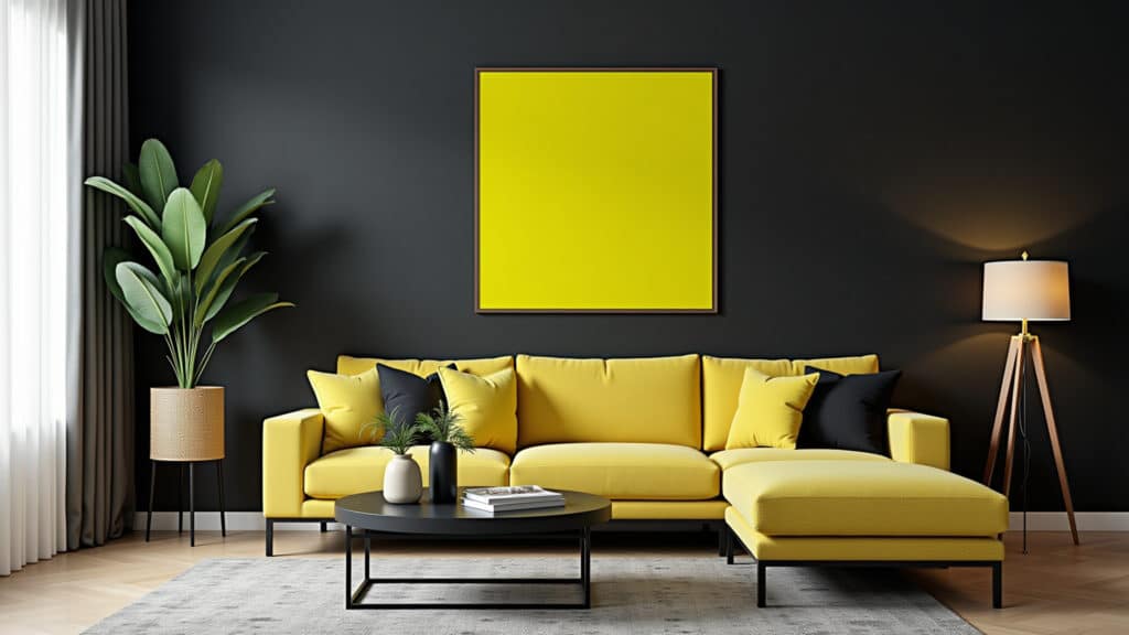 Sala de estar com contraste ousado de preto e amarelo neon.