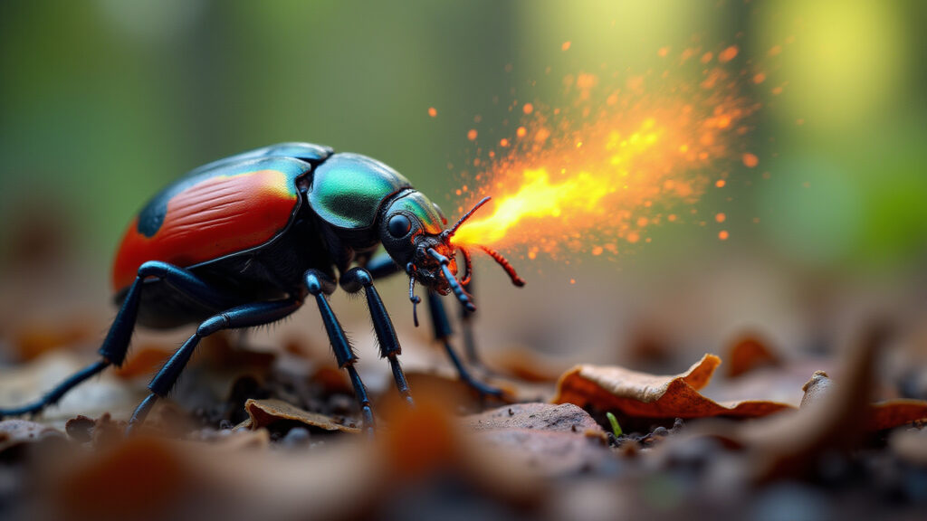 Bombardier beetle defense, 8K, macro shot, vibrant colors, natural lighting, hyper-realistic, Besouro-bombardeiro em defesa.