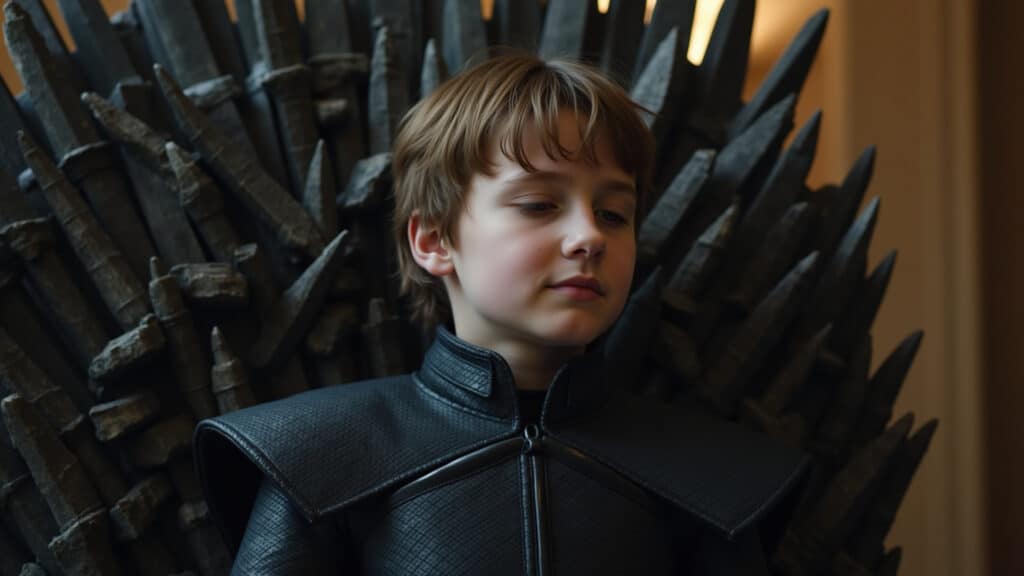 Bran Stark no Trono de Ferro, olhar sereno.