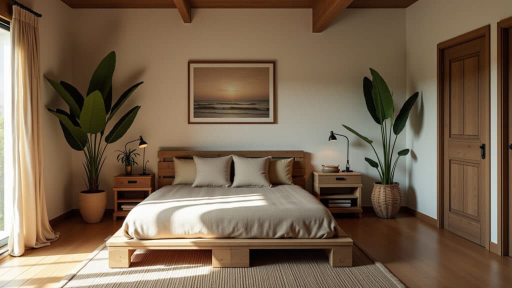 Quarto brasileiro com móveis de pallet, design DIY e decoração sustentável.