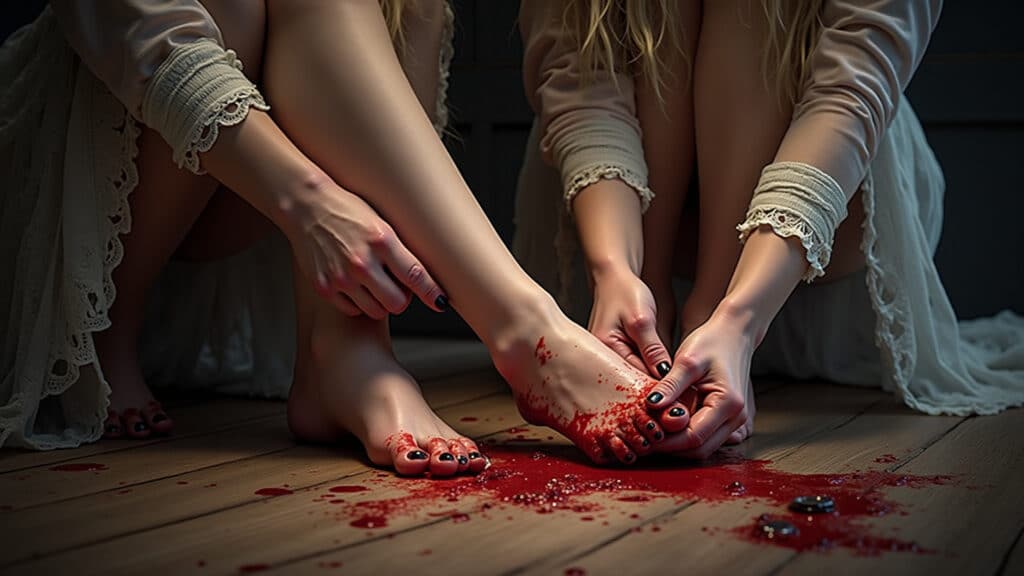 Cinderella original, sisters mutilating feet, bloody scene, desperate attempt, 8K quality, Irmãs de Cinderela mutilando os pés para calçar o sapatinho.