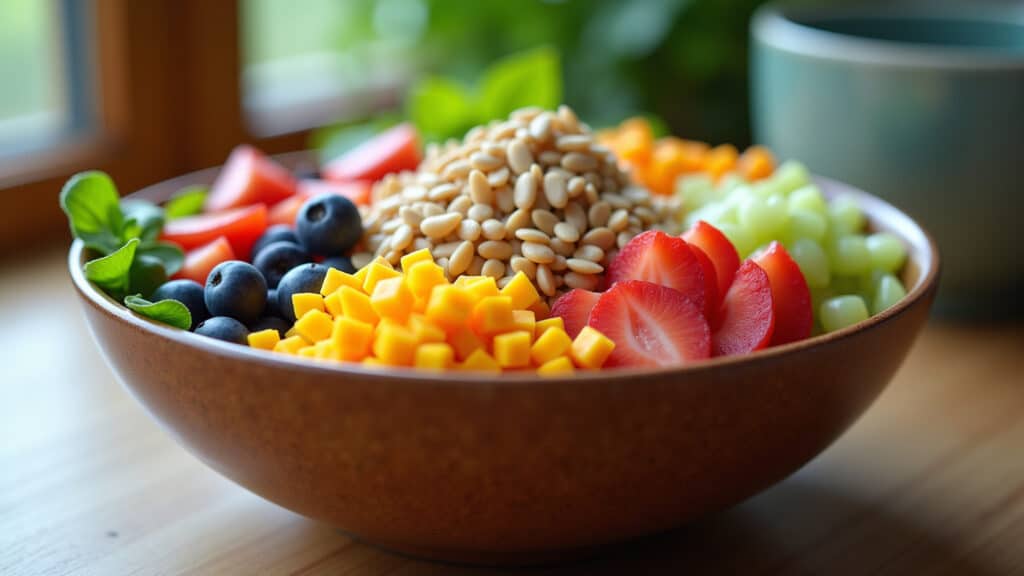 Close-up of a bowl of colorful fruits, vegetables, and whole grains, high-fiber diet concept, Tigela com frutas, legumes e grãos integrais ricos em fibras.