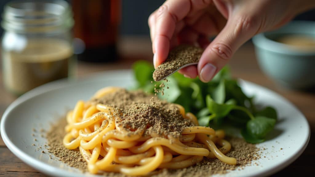 Close-up of a hand sprinkling natural herbs on homemade food, avoiding processed seasoning, natural Temperando comida caseira com ervas naturais.
