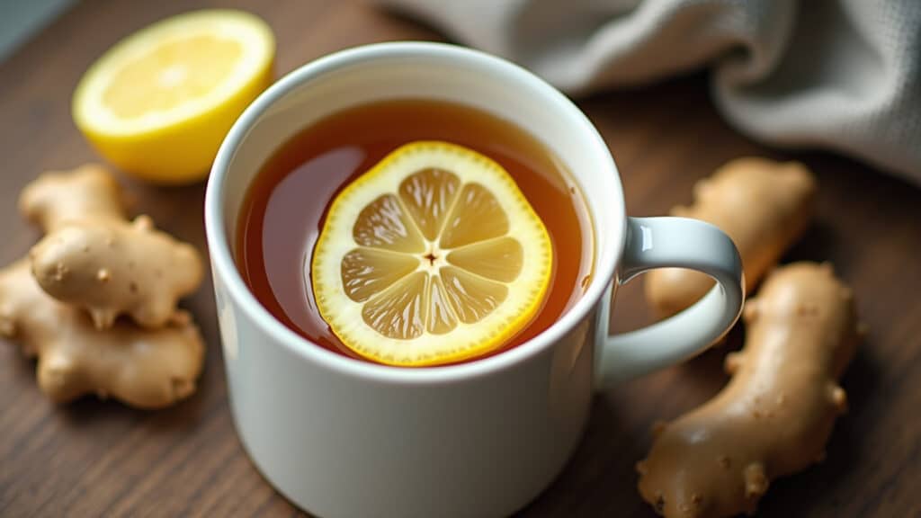 Chá de gengibre com limão e mel, alívio natural para dor de garganta.