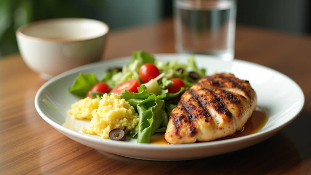 Close-up of healthy meal: colorful salad, grilled chicken, water. Natural light, vibrant colors, 8K Alimentação saudável para ter mais energia nos exercícios.