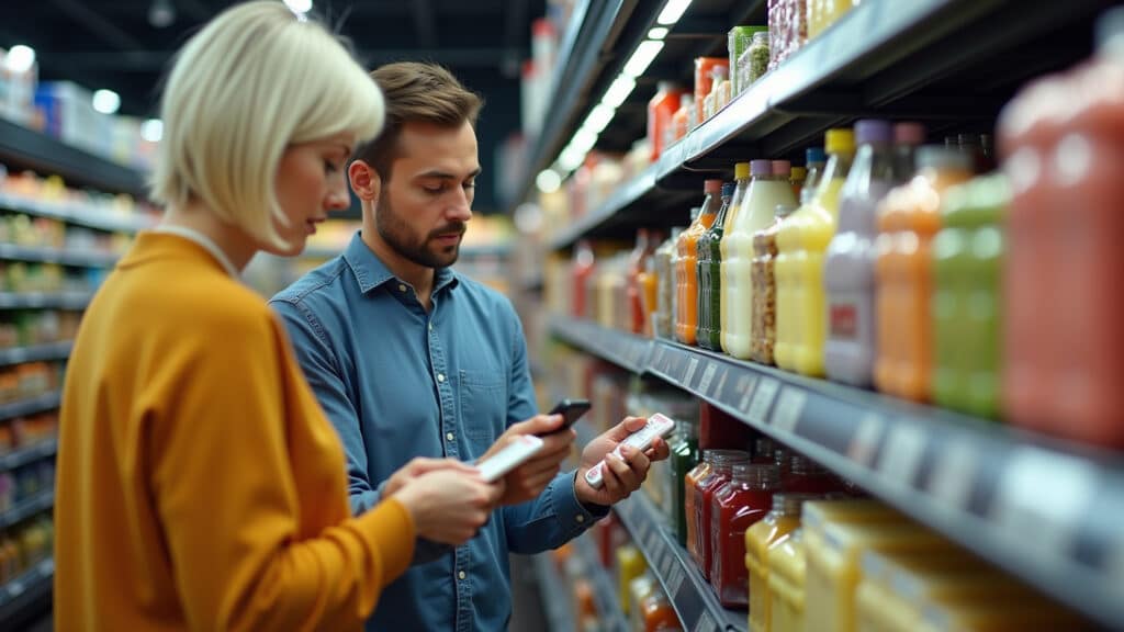 Comparing two similar products in a supermarket, analyzing labels for best choice, natural Comparando rótulos de produtos similares no supermercado.