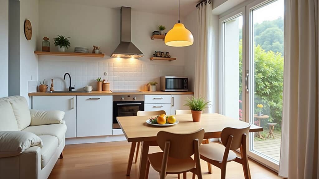 Apartamento aconchegante do Airbnb na Europa, cozinha e mesa de jantar.