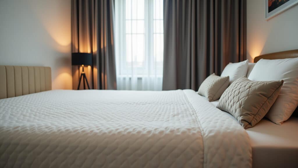 Cozy bedroom setup with comfortable mattress, soft pillows, blackout curtains, and a calming color Quarto aconchegante com cama confortável.