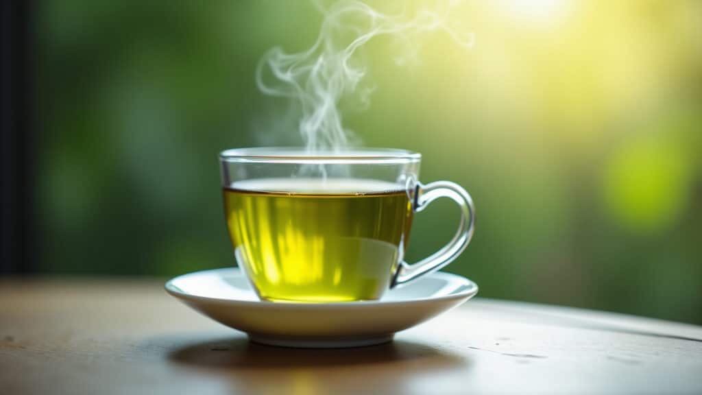 Xícara de chá verde fumegante, proteção contra vírus e bactérias.