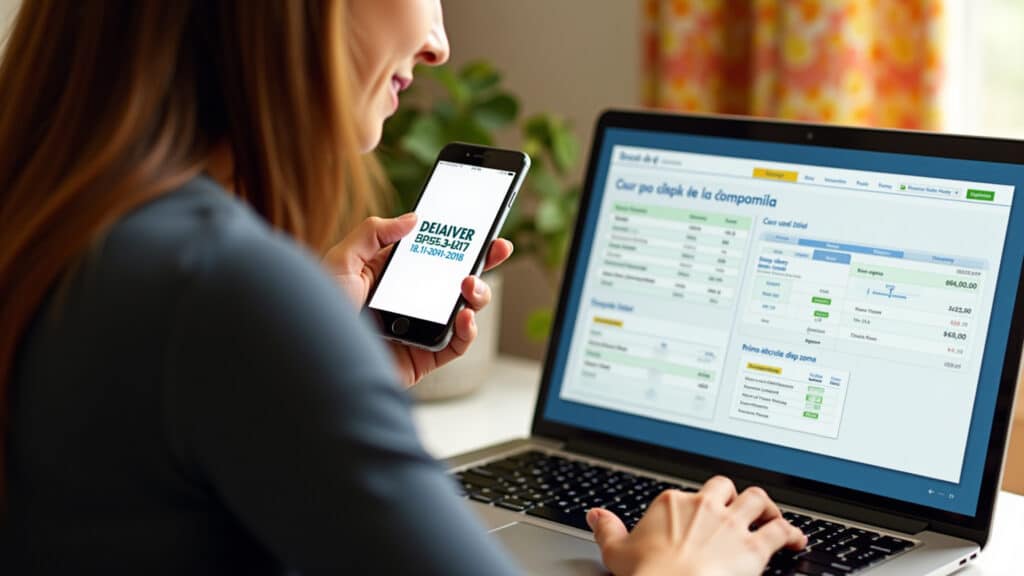 Detailed budget, woman tracking expenses on laptop, colorful Brazilian decor, financial control Mulher criando orçamento detalhado no laptop.