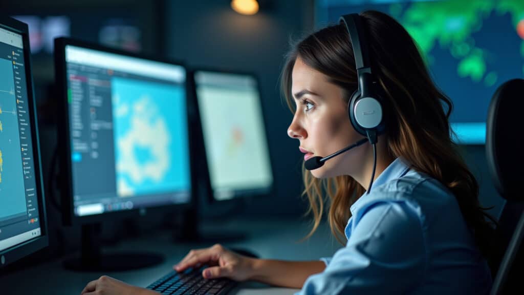 Atendente de emergência trabalhando em um thriller psicológico.