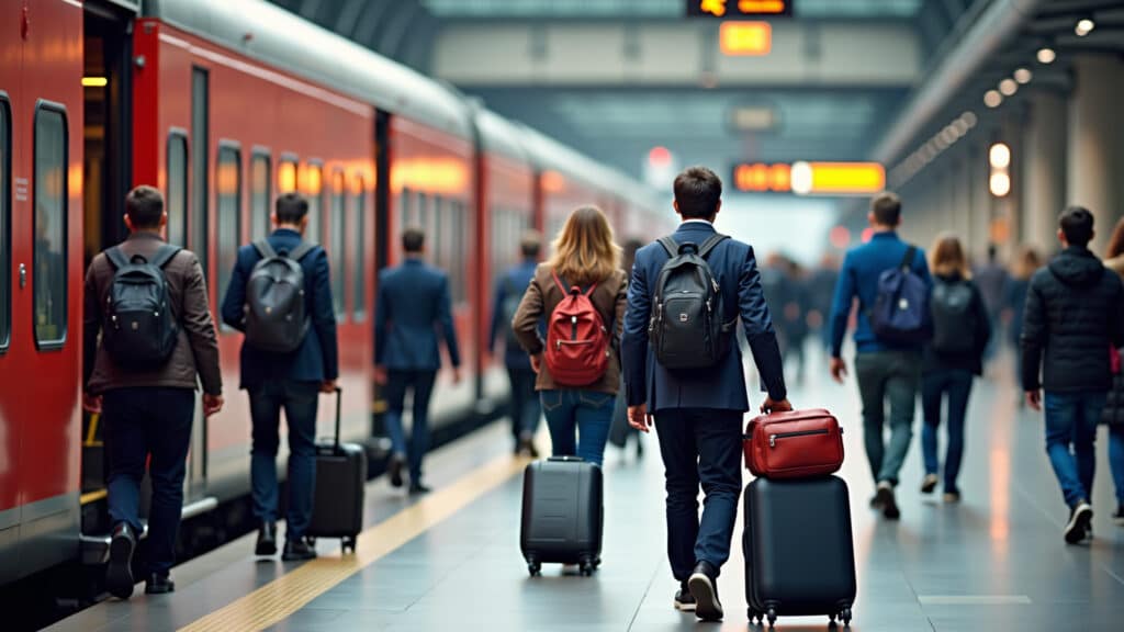 Estação de trem na Europa, viajantes com malas e trem chegando.