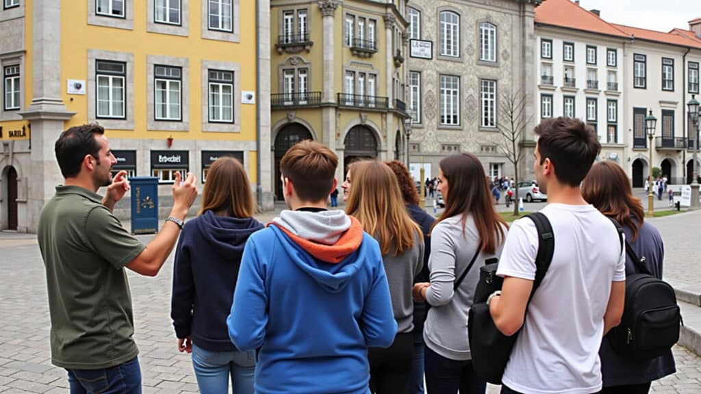Tour gratuito em Porto, guia explicando a história local para turistas.