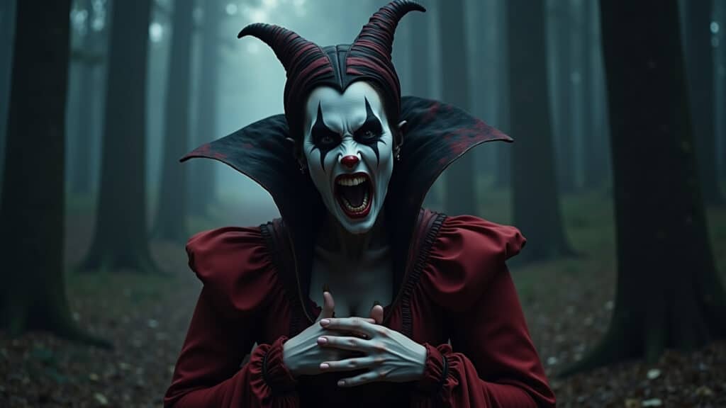 Grimm's Snow White, evil queen demanding organs, dark forest, menacing atmosphere, 8K quality, Rainha má exigindo os órgãos de Branca de Neve na versão original.