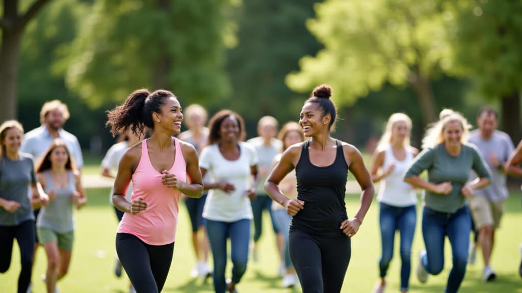 Group of people doing different exercises in a park, laughing. Sunny day, diverse group, positive Grupo de pessoas se exercitando juntas ao ar livre.