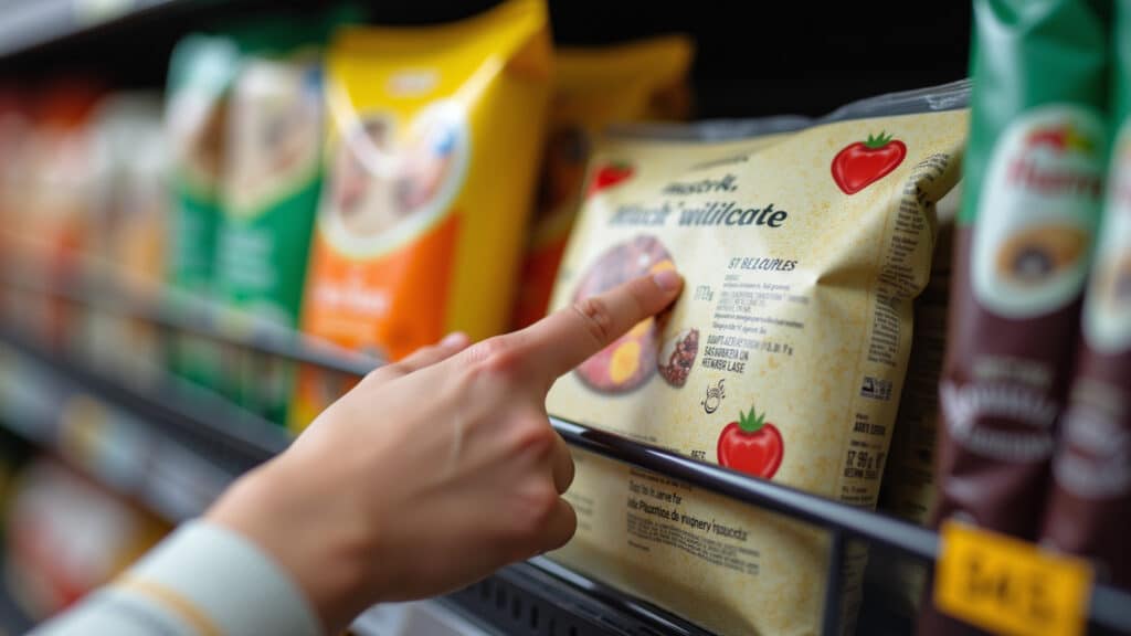 Hand pointing to 'Ingredients' list on a food package in a supermarket aisle, focus on recognizable Lista de ingredientes em embalagem de alimento no supermercado.