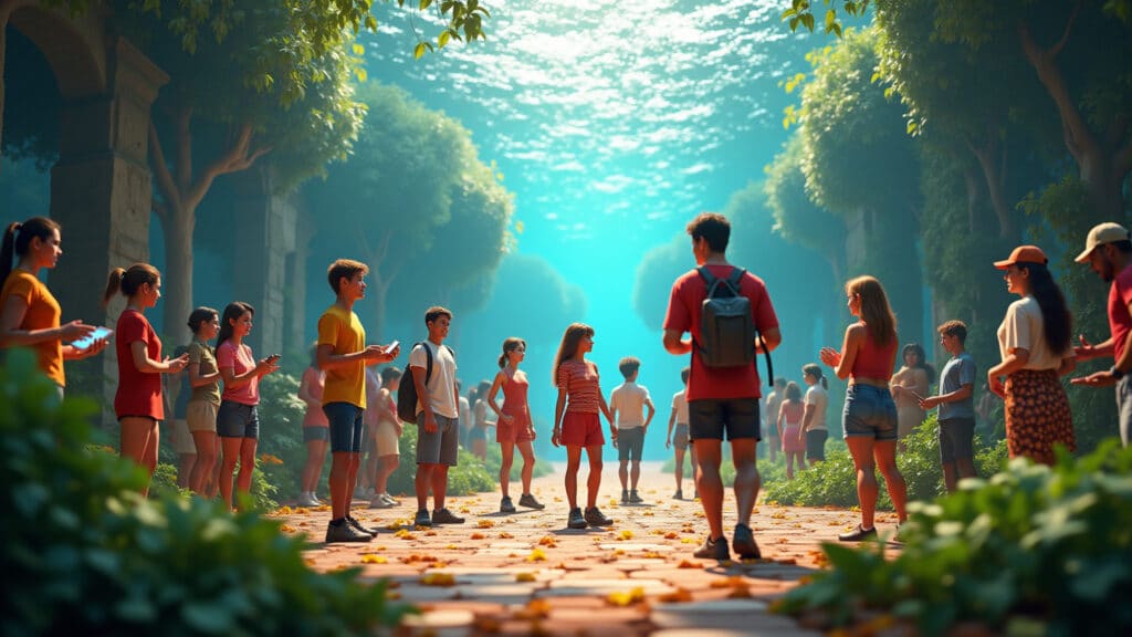 Pessoas interagindo em um ambiente virtual imersivo no metaverso.