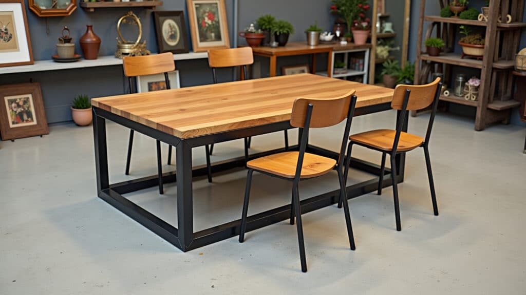 Móveis e acessórios industriais: mesa de centro com estrutura de metal e tampo de madeira.