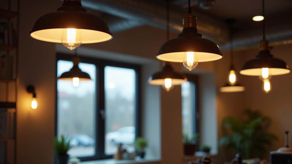 Iluminação no estilo industrial com luminárias pendentes e lâmpadas de filamento.