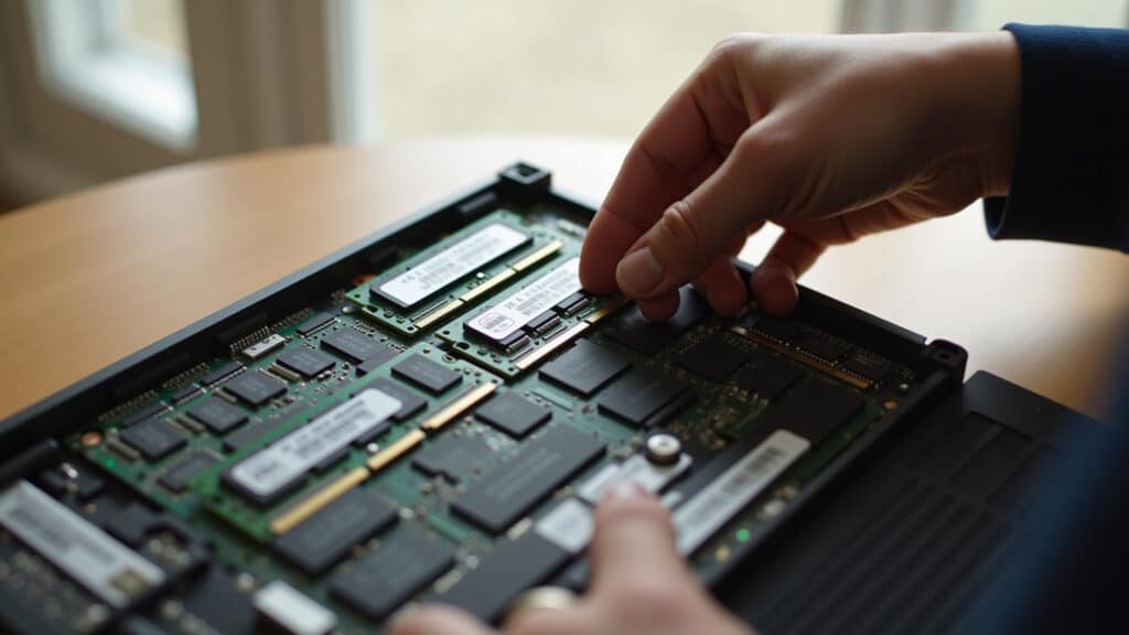 Instalando um módulo de memória RAM em um notebook.