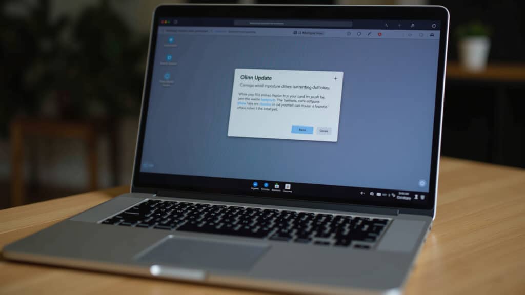 Laptop screen displaying software update notification, representing importance of updates, 8K Notificação de atualização de software em laptop.