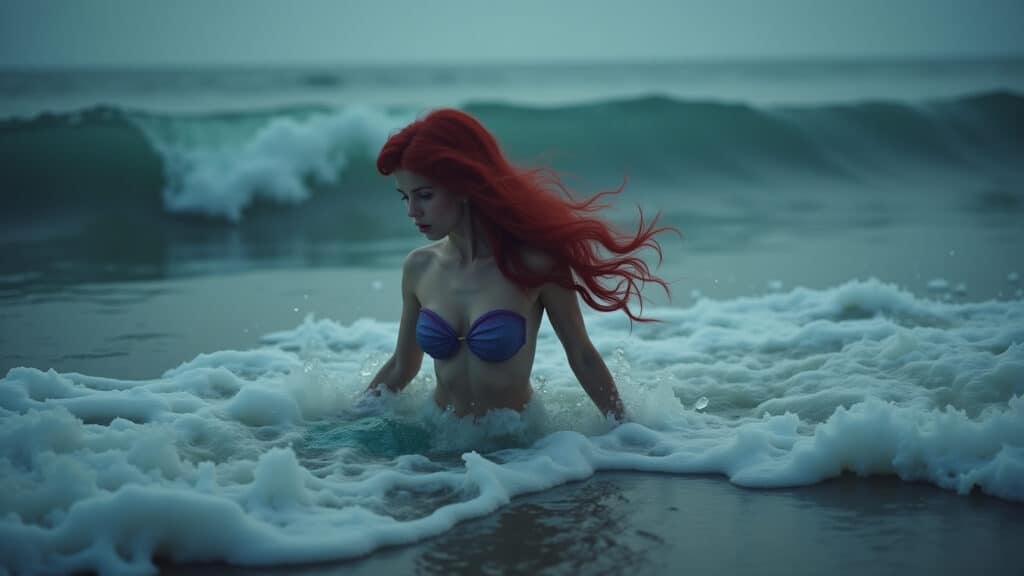 Little Mermaid original, mermaid turning into foam, ocean waves, melancholic scene, 8K quality, A Pequena Sereia se transformando em espuma do mar.