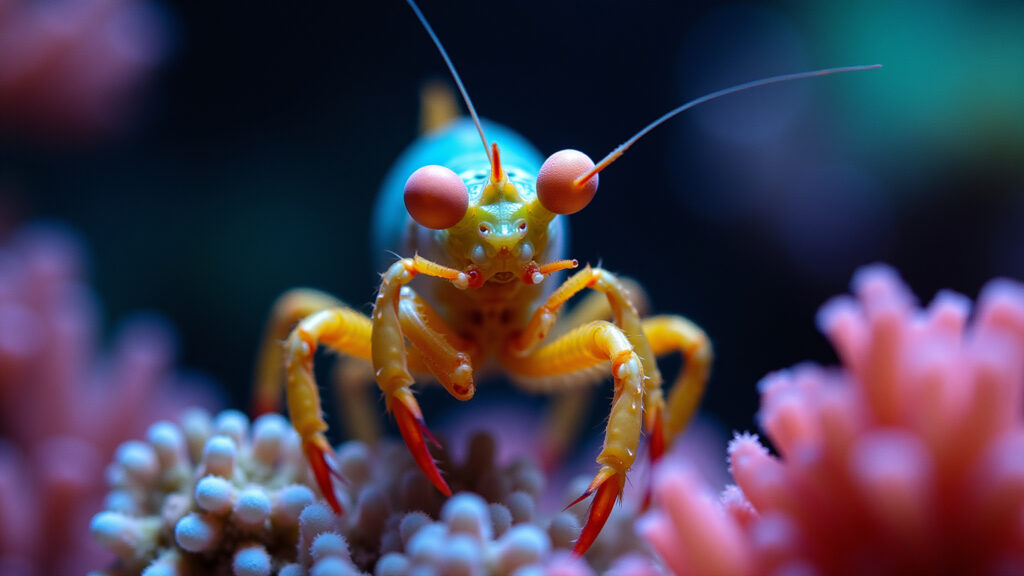 Mantis shrimp ultraviolet vision, underwater, 8K quality, vibrant coral reef, natural lighting, Camarão-mantis visão ultravioleta.