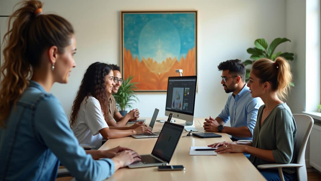 Profissionais diversos colaborando em um escritório virtual no metaverso.