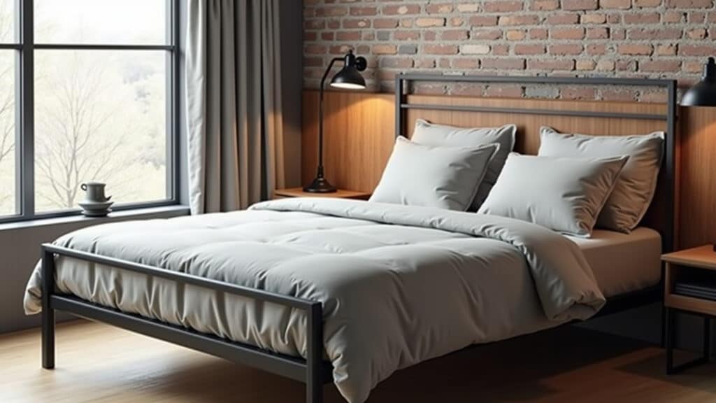 Quarto industrial minimalista com cama de metal e roupa de cama neutra.