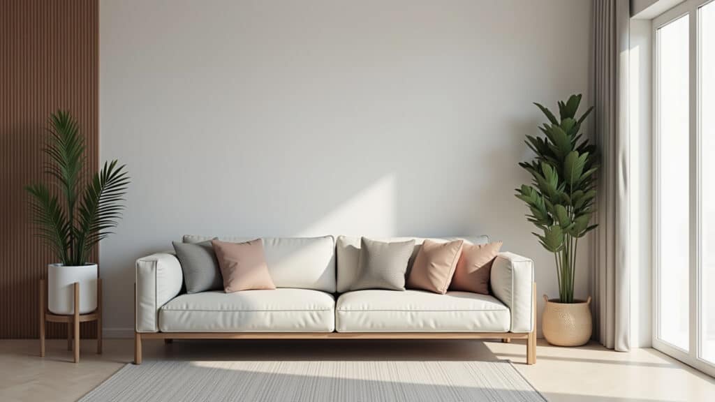Sofá moderno de linhas retas em sala de estar minimalista.