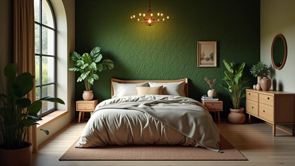Quarto com cores inspiradas na natureza e decoração com plantas.