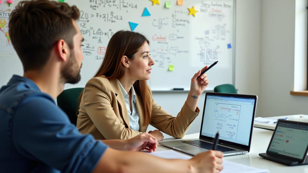 Online math tutor teaching student, virtual classroom, interactive whiteboard, friendly atmosphere, Professor particular online dando aula de matemática.