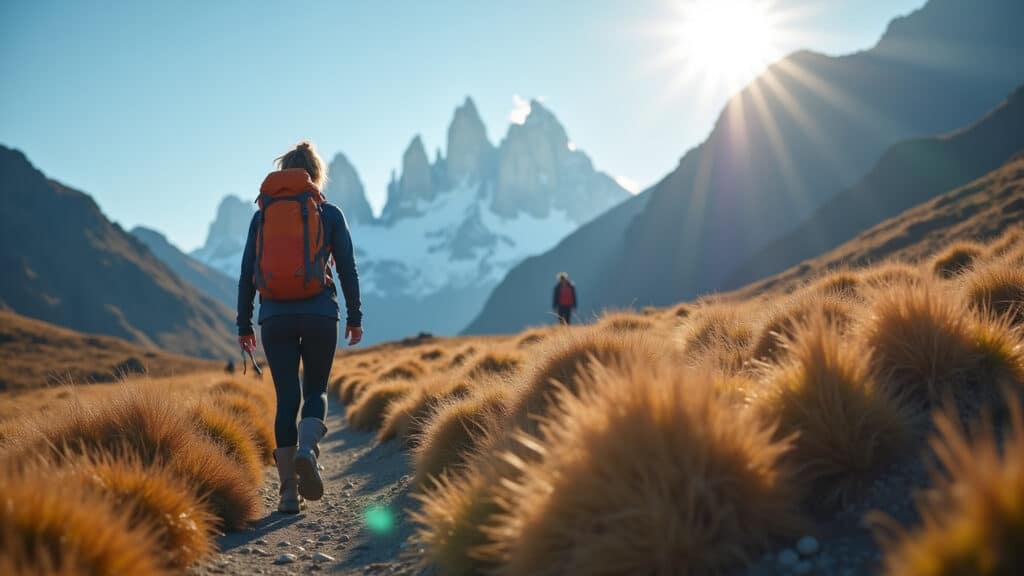Mulher fazendo trekking em trilha na Patagônia.