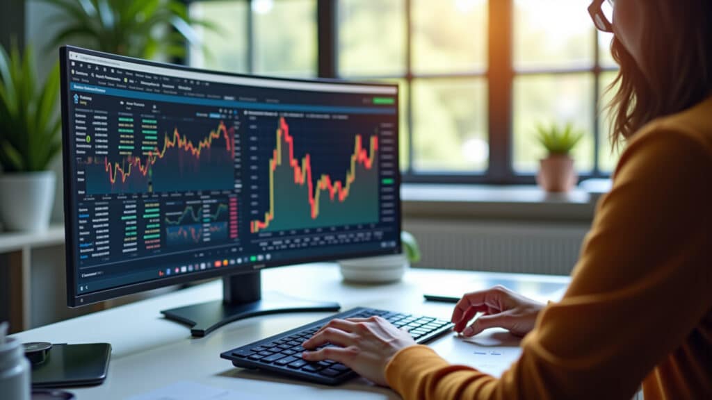 Pessoa pesquisando investimentos na bolsa de valores online.