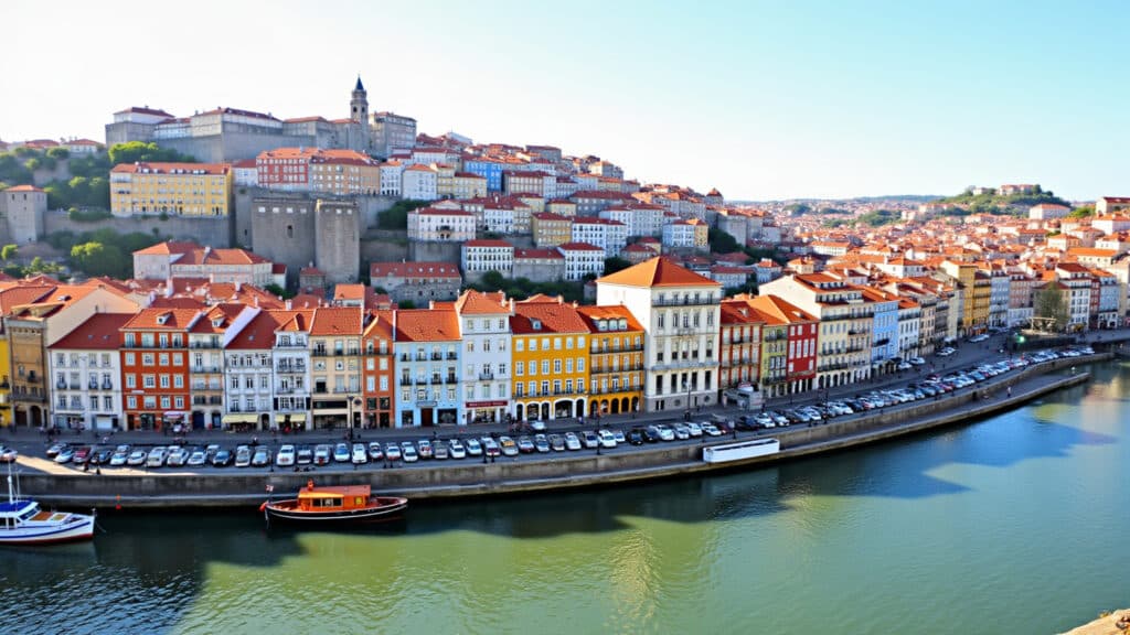 Vista da Ribeira, Porto, com edifícios coloridos e o Rio Douro.