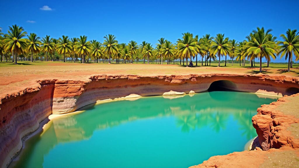 Praia do Gunga, Alagoas: falésias coloridas e lagoa.