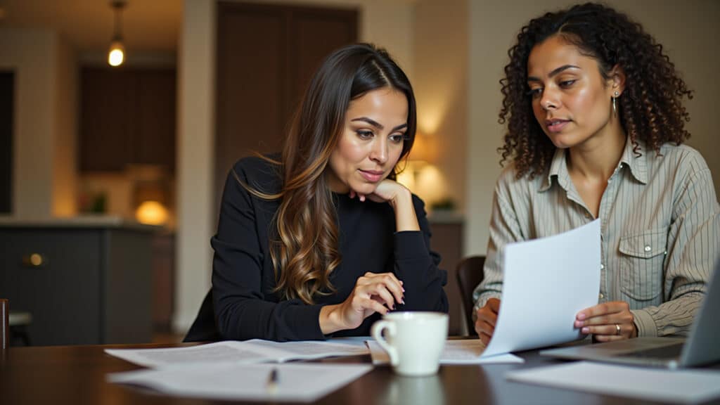 Prioritizing debt, woman thoughtfully organizing bills, highlighting urgent ones, Brazilian home Priorizando dívidas urgentes com juros altos.