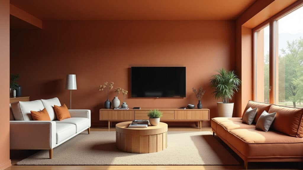 Sala de estar com paredes em tons terrosos repaginados.