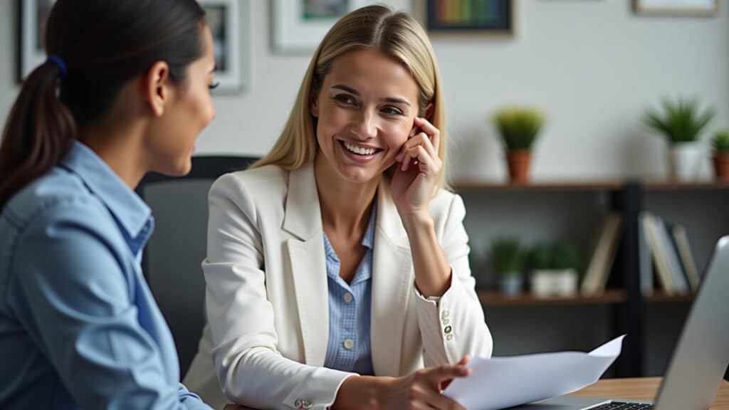 Seeking professional help, woman consulting financial advisor, Brazilian office setting, discussing Mulher buscando ajuda profissional para sair das dívidas.