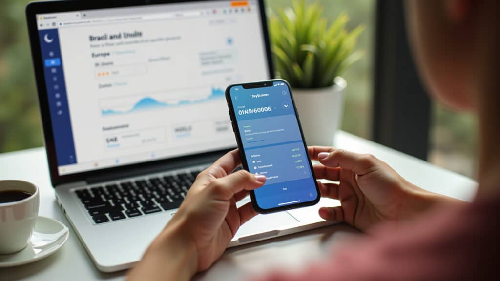 Comparador de voos Skyscanner mostrando passagens baratas para Europa.