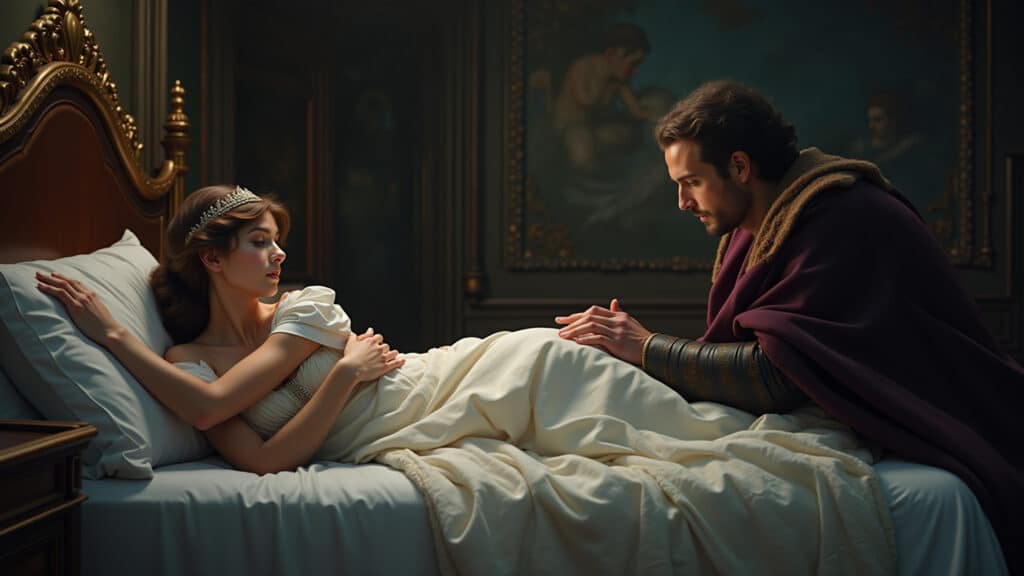 Sleeping Beauty original story, princess in bed, king discovering her, unsettling atmosphere, A Bela Adormecida na versão original, cena perturbadora com o rei.